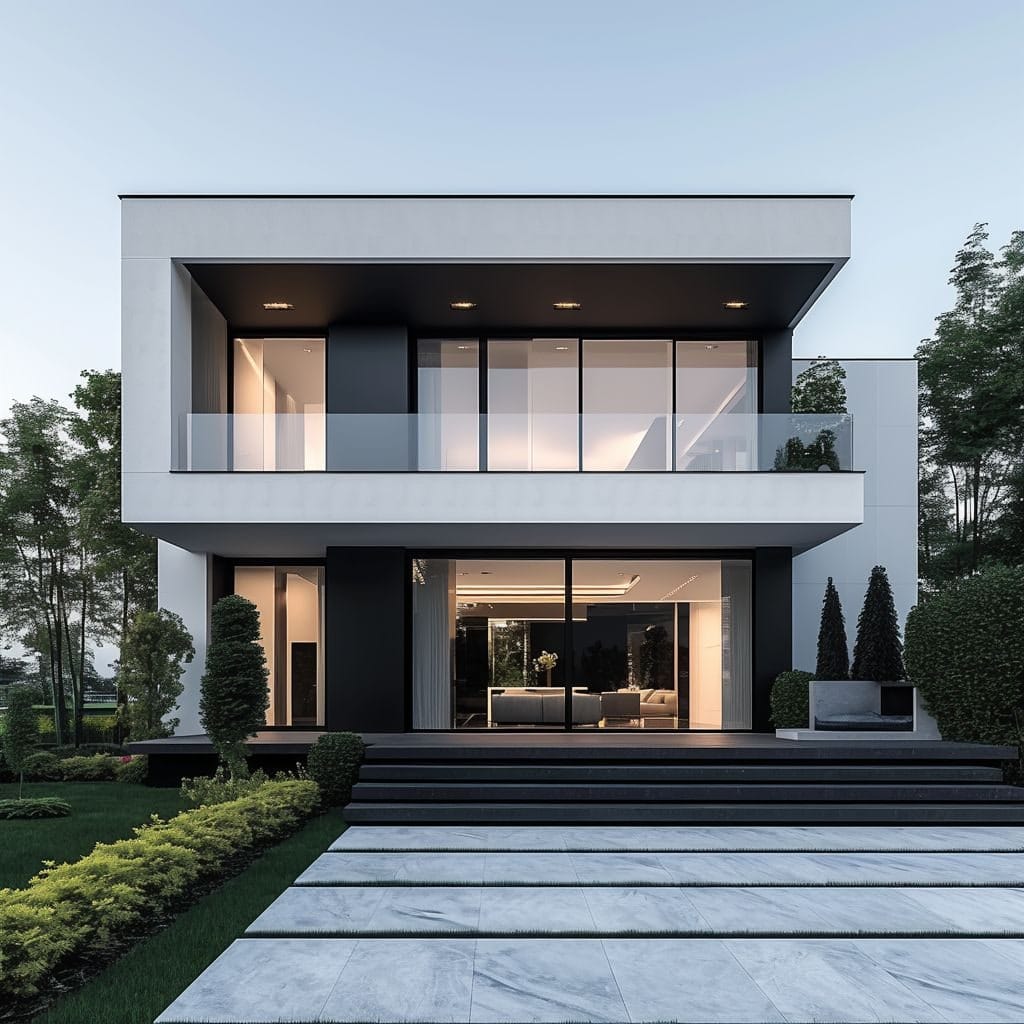 Casa minimalista de dos plantas con grandes cristaleras, entre árboles.